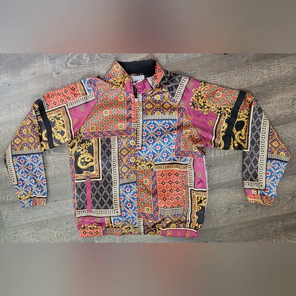 Urban Outfitters Scarf Print Bomber Jacket Mens L Multi Color Satiny Baggy ZipUp - Picture 6 of 15